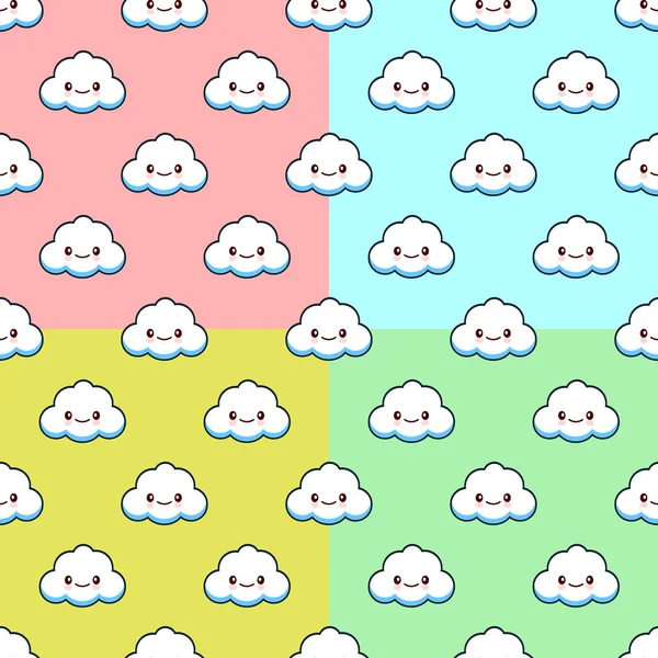 Patrón sin costura vectorial conjunto con nubes lindo carácter kawaii en amarillo, rosa y verde, colores azules para fondos y ropa — Archivo Imágenes Vectoriales