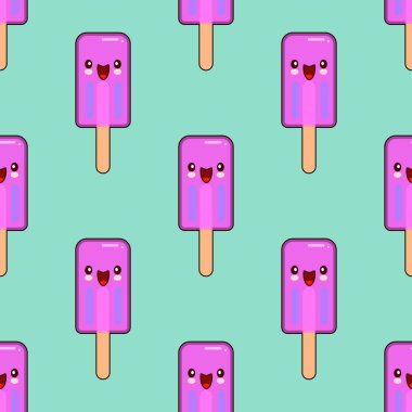 Dondurma gülen kawaii çizgi film karakteri seamless modeli yeşil zemin üzerine. Düz tasarım vektör