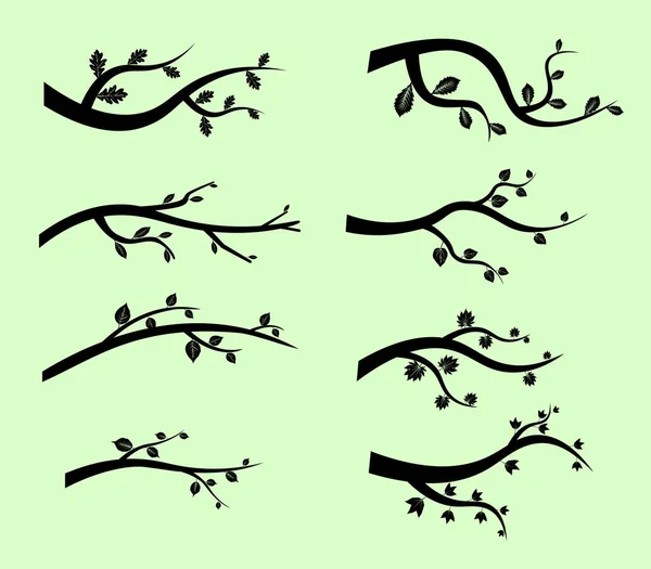 Siluetas estilizadas de ramas de árbol negro, hojas de ramas negras vectoriales. Diseño plano Vector Ilustración — Archivo Imágenes Vectoriales