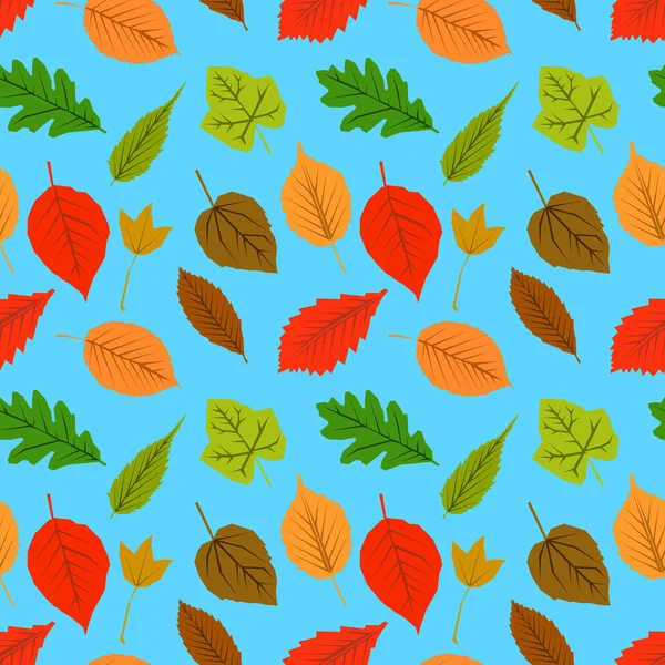 叶子和蓝色背景上的无缝模式。秋天的壁纸设计。平面设计矢量图 — 图库矢量图片