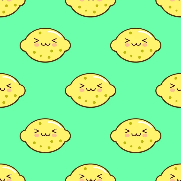 Lemon smiley kawaii dibujo animado patrón sin costuras sobre fondo verde. Diseño plano Vector Ilustración — Archivo Imágenes Vectoriales