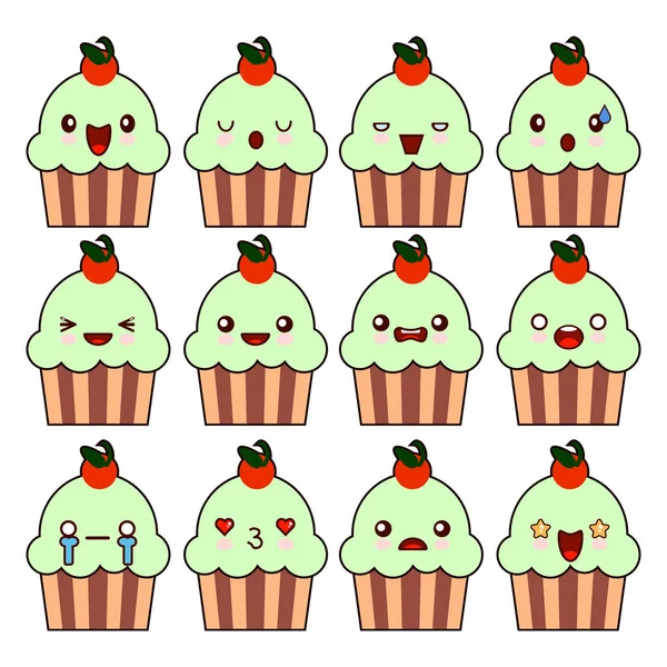 Csésze sütemény kawaii karakter rajzfilm aranyos arca. Boldog smartphone karikatúra karakter lapos design vektor illusztráció — Stock Vector
