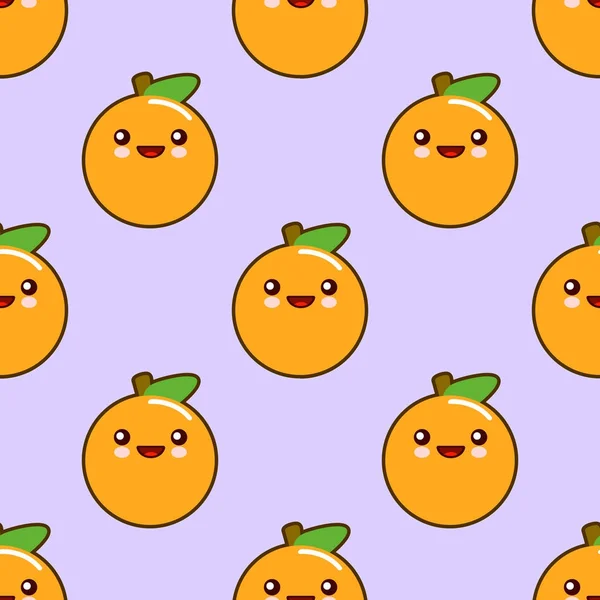 Sinaasappelen, naadloze patroon met schattige fruit kawaii tekens op paarse achtergrond. Plat ontwerp vectorillustratie — Stockvector
