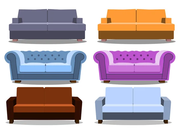Sofá e sofás conjunto realista colorido. Coleção de salão confortável para design de interiores isolado em fundo branco. Ilustração vetorial — Vetor de Stock
