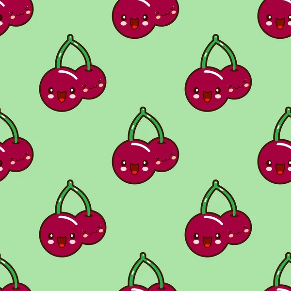 Nahtloses Muster rote Kirsche Kawaii lustiges Gesicht mit Augen und rosa Wangen frische saftige Beeren isoliert auf grünem Hintergrund. Vektorillustration — Stockvektor