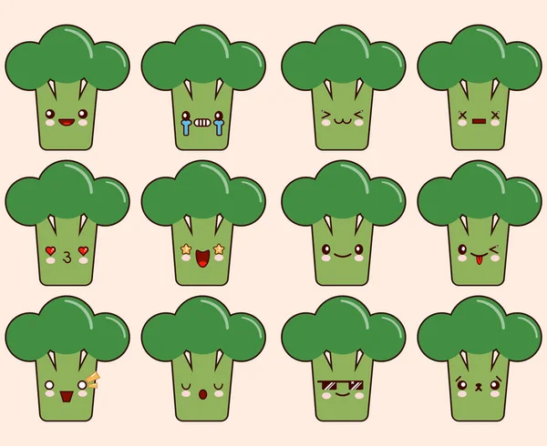 Kawaii brokoli ifadeler kümesi. Hafif pembe izole. Düz tasarlamak vektör çizim — Stok Vektör