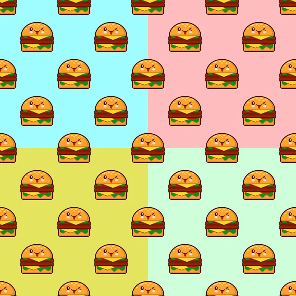 Lindo patrón sin costuras hamburguesas de dibujos animados en el fondo de color. Diseño plano Vector Ilustración — Vector de stock