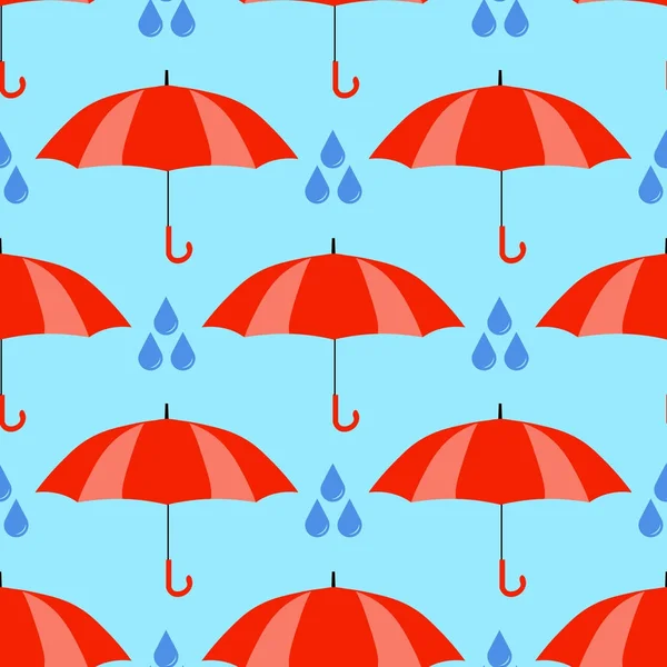 Guarda-chuvas vermelho sem costura padrão isolado no fundo azul. Chuva de desenho animado bonito. Design plano Vector Ilustração — Vetor de Stock