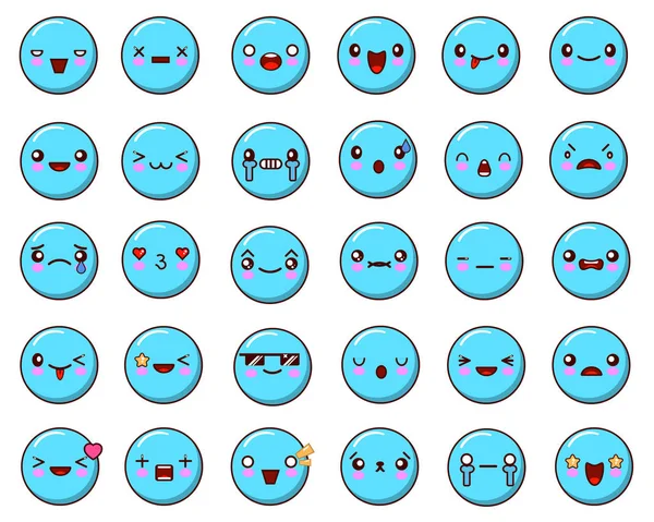Emoticones establecidos aislados sobre fondo blanco. Emoji azul divertido. Diseño plano Vector Ilustración — Archivo Imágenes Vectoriales