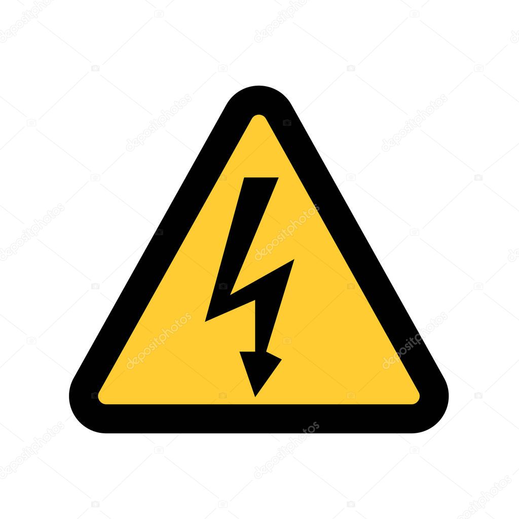 High Voltage Sign. Danger symbol. Black arrow isolated in yellow triangle on white background. Warning icon.