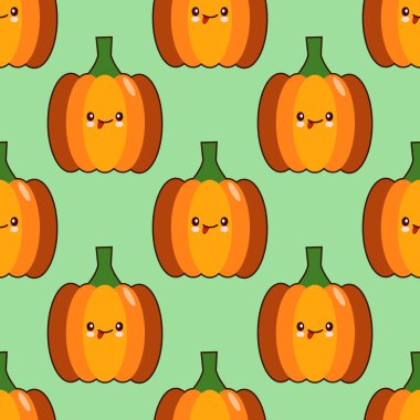Kawaii stil kabak yeşil zemin üzerine ile Seamless Modeli arka plan. Vektör çizim