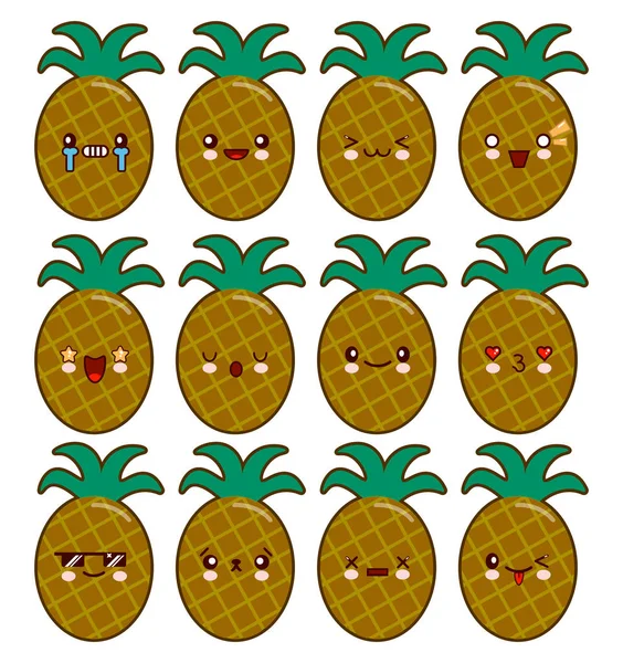 Pineapple cartoon character set with emotions on the kawaii face Flat design Vector Illustration — Stock Vector