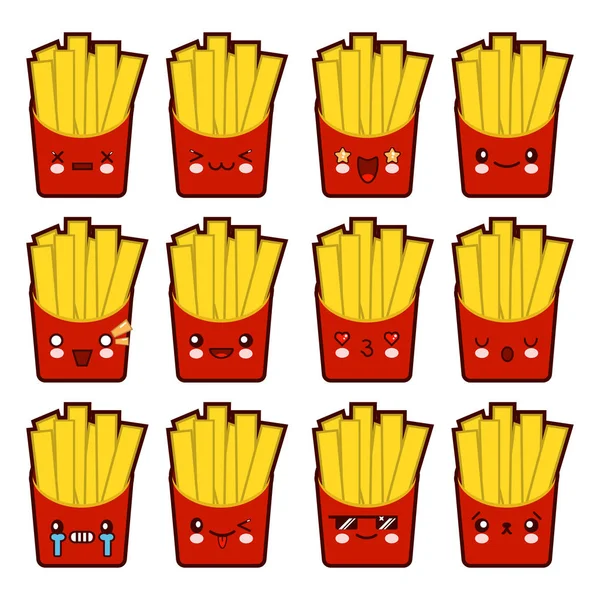 Emoji emoticon frietjes met veel variatie Set kawaii gezicht frietjes emoticons. Geïsoleerd op een witte achtergrond. Plat ontwerp vectorillustratie — Stockvector
