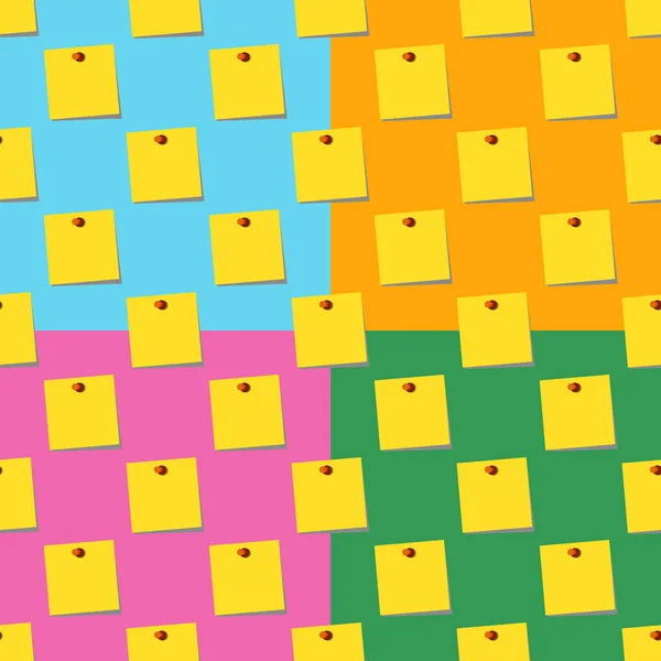 Plaknotities memo gele naadloze patroon ingesteld op kleuren achtergronden. Plat ontwerp vectorillustratie — Stockvector