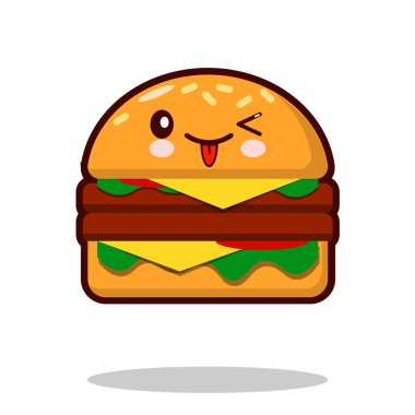 Hamburger karikatür karakter simgesi kawaii lokanta düz tasarım