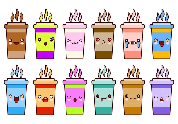 Tasses à café icône caractères ensemble kawaii émoticônes visage Design plat — Photo