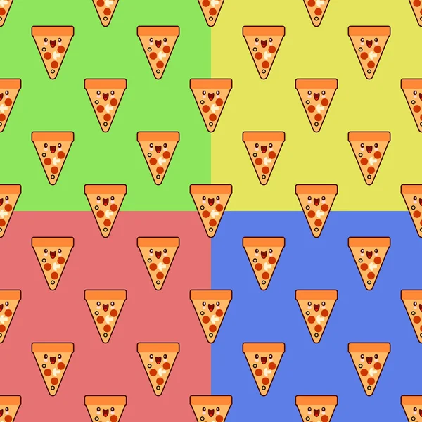 Jednolity wzór zestaw z patchami pizza znaków kawaii ładny fast food na kolory tła. Płaskie projektowanie ilustracji wektorowych — Wektor stockowy