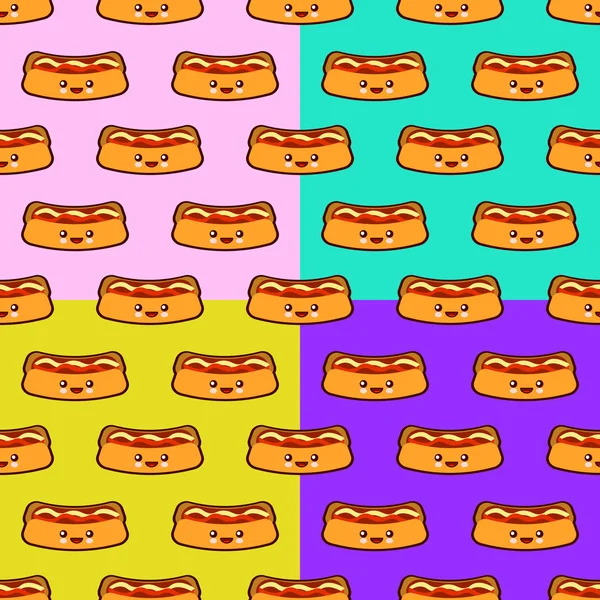 Modello senza soluzione di continuità con personaggi kawaii fast food carino hot dog su sfondi colori. Illustrazione vettoriale di design piatto — Vettoriale Stock