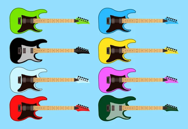 Collection set of different color electric rock guitar. Flat design Vector Illustration — Stock Vector