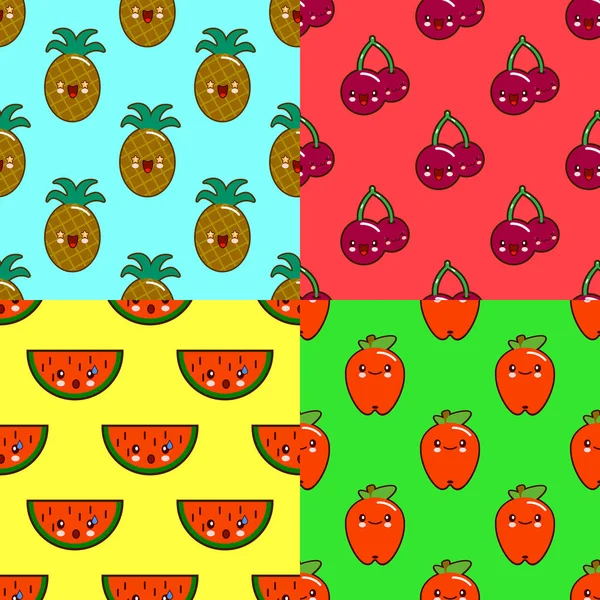 卡哇伊水果图案在彩色背景上设置。西瓜、 菠萝、 樱桃、 苹果。平面设计矢量图 — 图库矢量图片