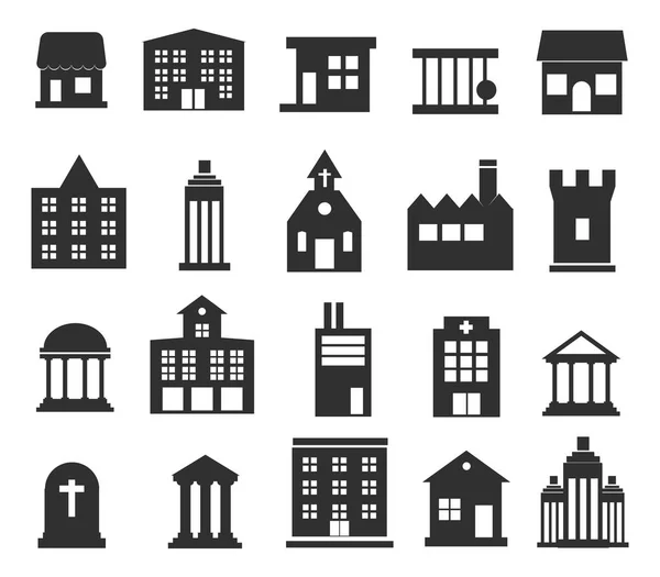 Ícones vetoriais de edifícios definidos no fundo branco. Ilustração vetorial —  Vetores de Stock