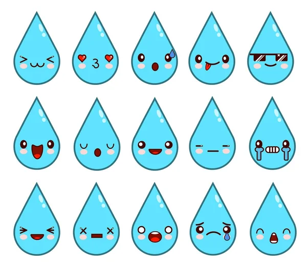 Conjunto de ícone. Gotas de água Kawaii, gotas de chuva, orvalho matinal. Engraçado, bonito, doce emoções, sorrisos . — Fotografia de Stock