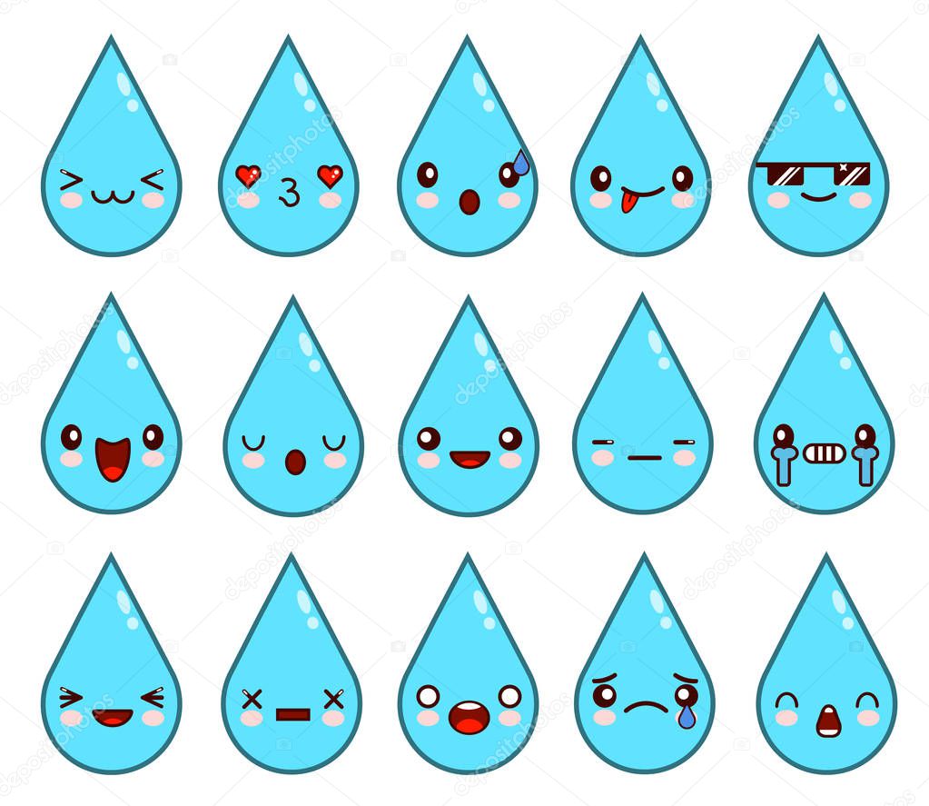 icon set. Kawaii water drops, raindrops, morning dew. Funny, cute, sweet emotions, smiles.