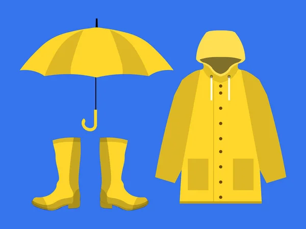 Regenmantel, Gummistiefel, offener Regenschirm, Set der Regenzeit in flach auf blauem Hintergrund Design-Vektor — Stockvektor