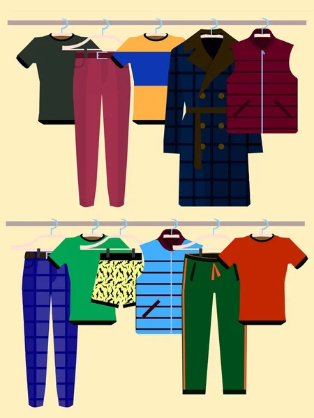 Roupas Racks with Wear on Hangers Set. Estilo de design plano. Ilustração vetorial do homem usa —  Vetores de Stock