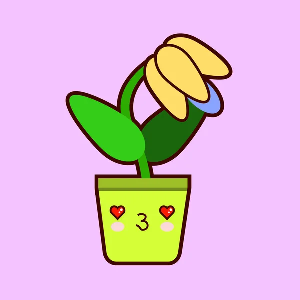Aranyos rajzfilm virág ikon vicces arc pot kawaii növény jellegű. Lapos kivitel — Stock Fotó