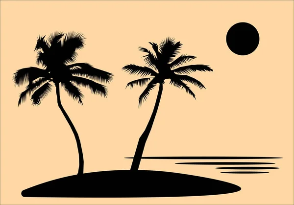 Île tropicale de la mer avec palmiers et fleurs, soleil. silhouettes et contours noirs sur fond orange. Conception plate Illustration vectorielle — Image vectorielle