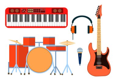 Müzik grubu için müzik aletleri simgeler. Gitar synthesizer, davul, mikrofon, kulaklık grubu. Düz tasarım, vektör çizim