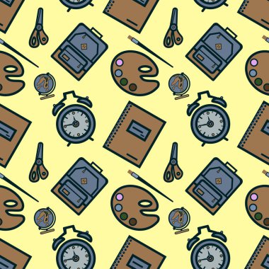 renkli okul simgeleri sarı düz tasarımı ile Seamless Modeli