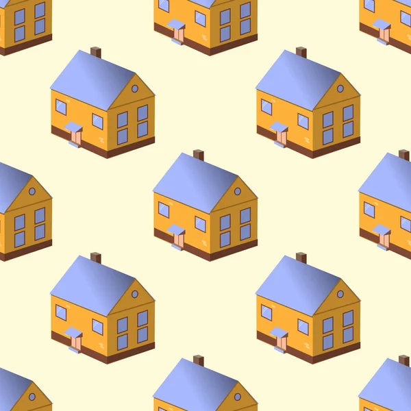 Nahtloses Muster mit bunten Häusern auf gelbem Hintergrund. flaches Design, Vektorillustration — Stockvektor