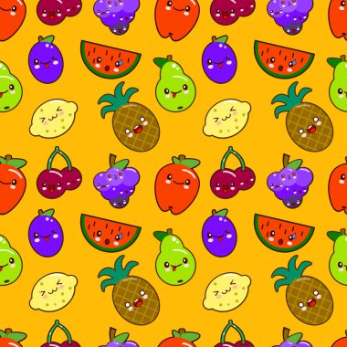 Dikişsiz desen renkli sevimli meyve Kawaii karakter. elma, armut, çilek, portakal, muz, karpuz, ananas, üzüm, kiraz, limon, nar. Düz tasarım
