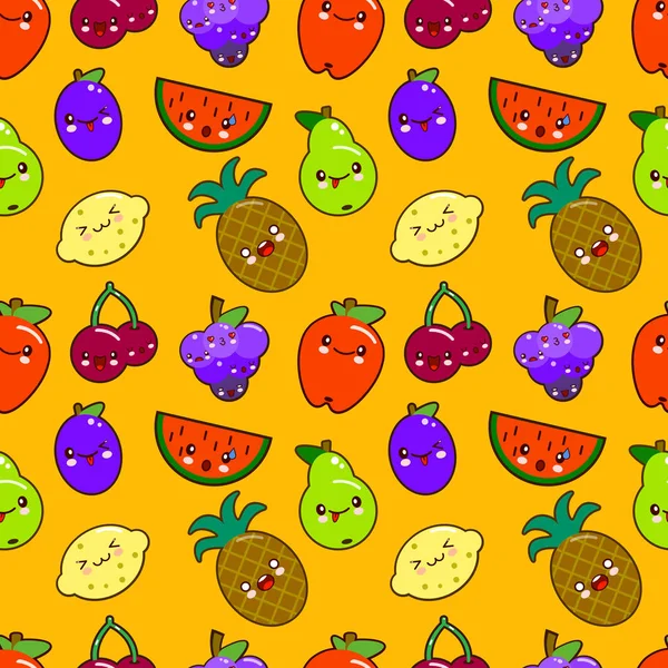 Patrón inconsútil colorido lindo frutas personajes Kawaii. manzana, pera, fresa, naranja, plátano, sandía, piña, uvas, cereza, limón, granada. Diseño plano — Foto de Stock