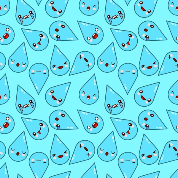 Cartoon schattig tekens kawaii blauw water glimlachend druppels naadloze patroon. Plat ontwerp, vectorillustratie — Stockvector