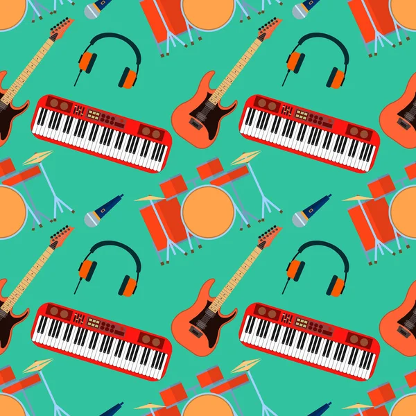 Musical instruments vector seamless pattern. Guitar synthesizer, drum, microphone, headphones for band. Flat design, vector illustration — Stock Vector