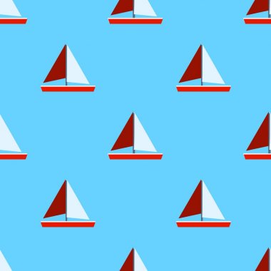 Yelken desenle kesintisiz deniz gemi ve mavi arka plan üzerinde bağlar. Deniz desen. Düz tasarım, vektör çizim