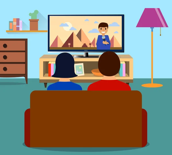 Homem de família e mulheres assistindo TV programa de notícias diárias juntos na sala de estar. Design plano, ilustração vetorial — Vetor de Stock