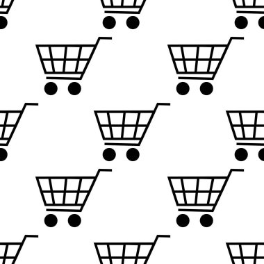 Alışveriş sepeti Dikişsiz desen beyaz arka plan üzerinde izole. Düz tasarım