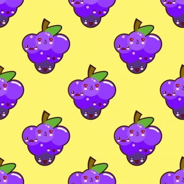 Grup mor üzüm sarı arka plan üzerinde mutlu bir gülen yüz ile seamless modeli. duvar kağıdı ve Tekstil için illüstrasyon vektör