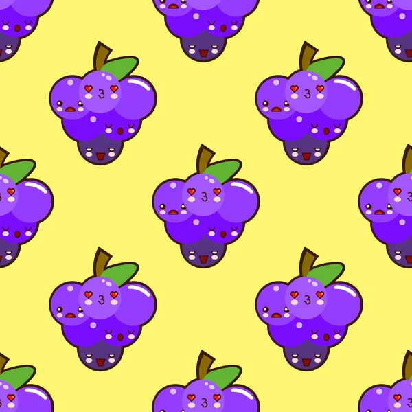 Bouquet de raisins violets motif sans couture avec un heureux visage riant sur fond jaune. pour papier peint et textile, illustration vectorielle — Image vectorielle