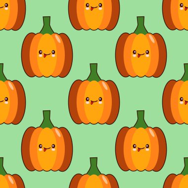 Kawaii stil kabak yeşil zemin üzerine ile Seamless Modeli arka plan. illüstrasyon