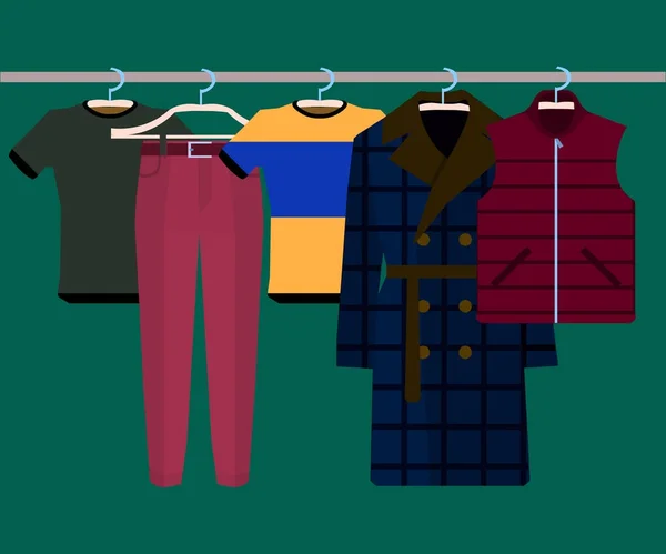 Roupas Racks with Wear on Hangers Set. Estilo de design plano. Ilustração do homem — Fotografia de Stock