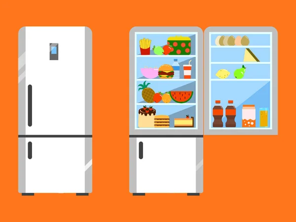 Cheio de comida aberta e perto da geladeira. Frigorífico e frutas, congelador e vegetal. Projeto plano — Fotografia de Stock