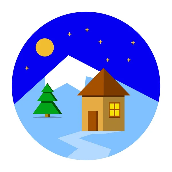 Gyönyörű karácsonyi téli táj háttér ház. Karácsonyi erdő erdők, hegyek. Új év lapos design, illusztráció vektor — Stock Vector