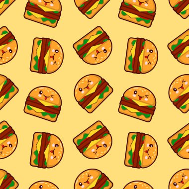 Hamburger, noktalı arka plan üzerinde şirin lokanta karakterlerle vektör seamless modeli