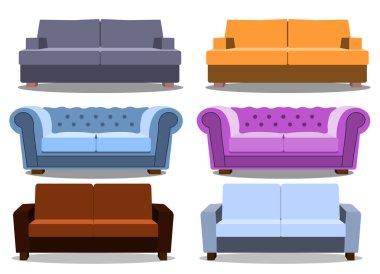 Koltuk ve kanepe renkli gerçekçi kümesi. Beyaz arka plan üzerinde izole iç tasarım için rahat lounge topluluğu. İllüstrasyon