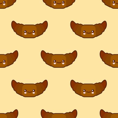 Beyaz arka plan üzerinde kruvasan şirin lokanta kawaii karakterler ile Seamless modeli. Düz tasarım